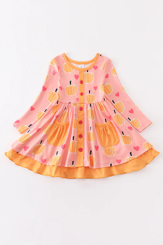Pink Pumpkin Print Ruffle Dress (Girls)