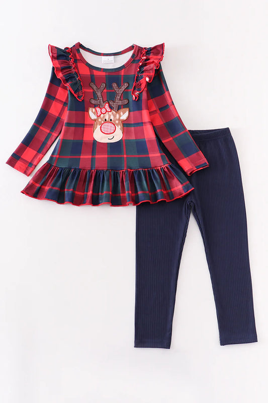 Red Plaid Deer Applique Pant Set