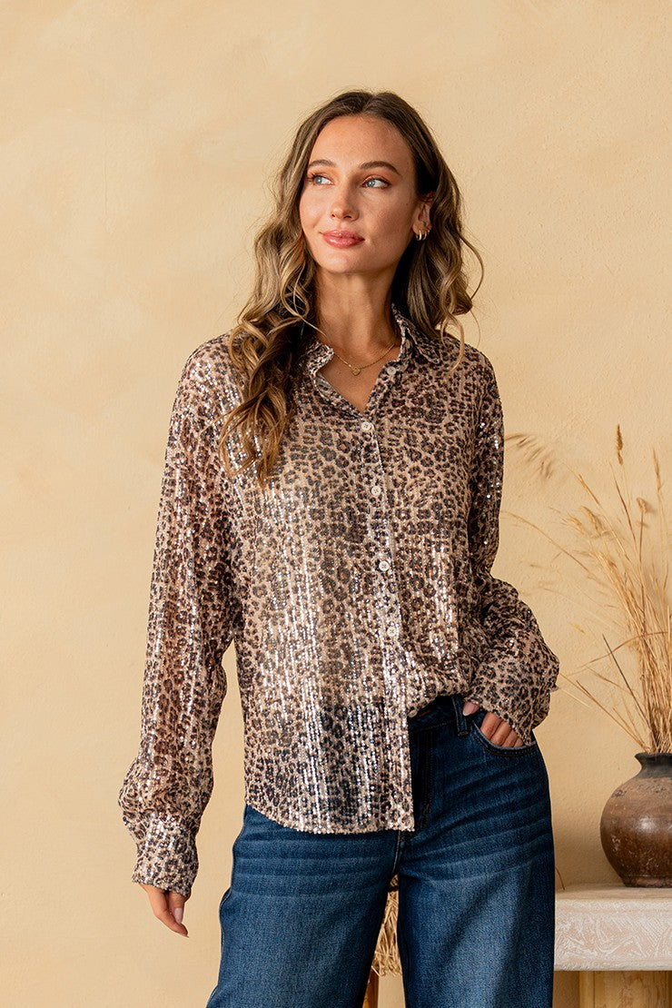 Relaxed Fit Leopard Print Sequin Button Down Shirt