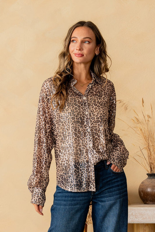 Relaxed Fit Leopard Print Sequin Button Down Shirt
