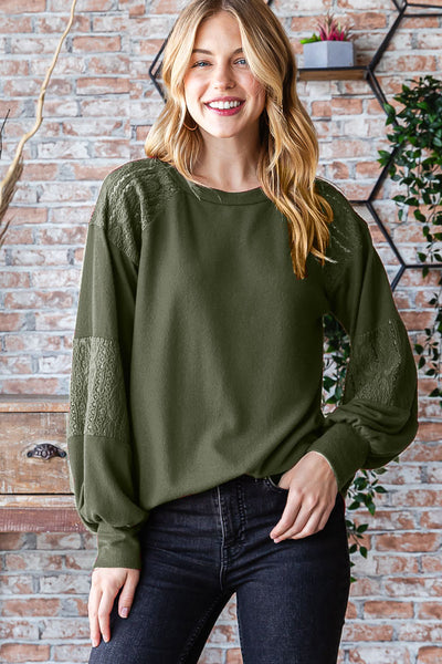 Solid Lace Contrast Relaxed Fit Long Sleeve Top