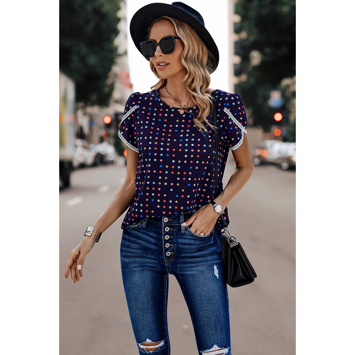 Round Neck Polka Dot Print Petal Sleeve Blouse