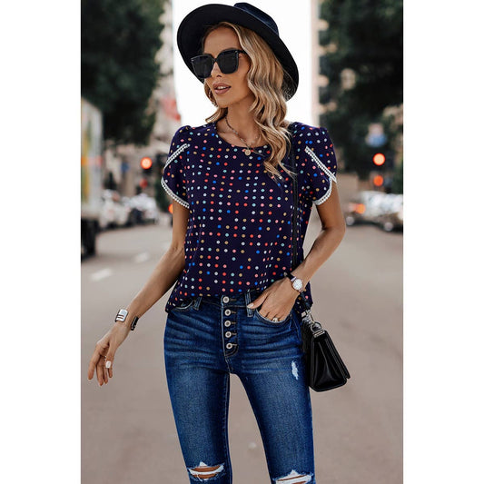 Round Neck Polka Dot Print Petal Sleeve Blouse
