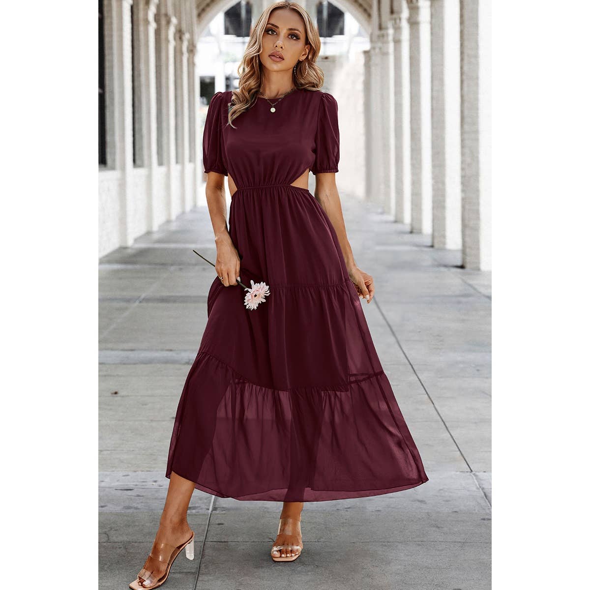 Cut Out Waist Ruffle Hem Puff Sleeves Fit Dress