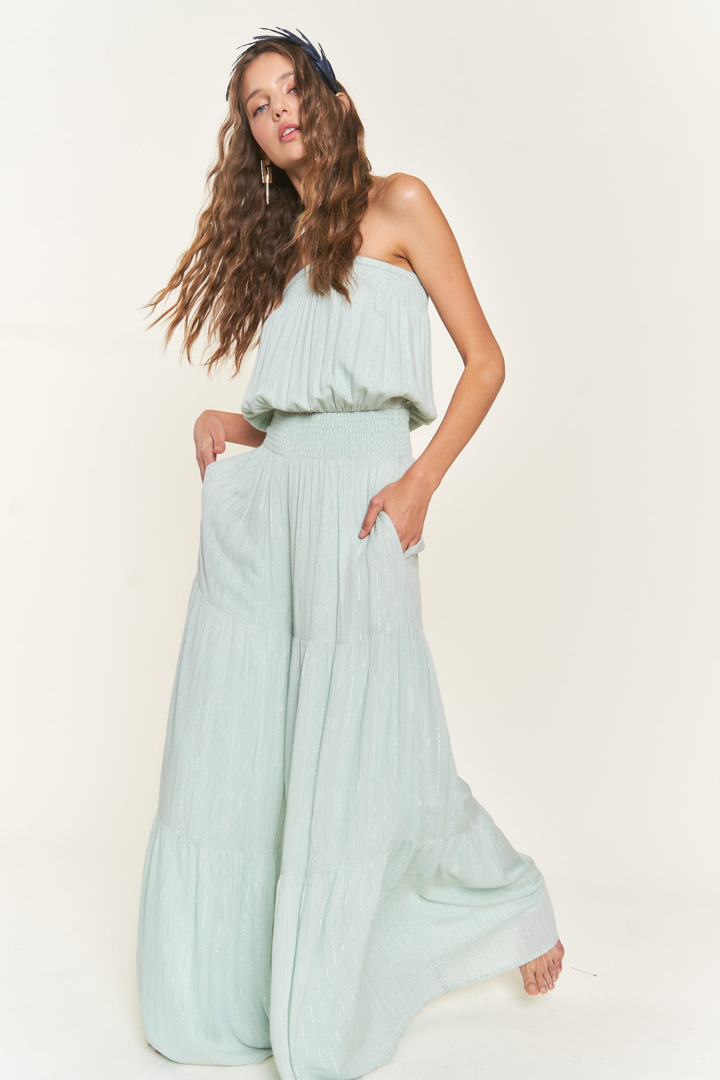 Lurex Retro Smocking Full Length Jumpsuit