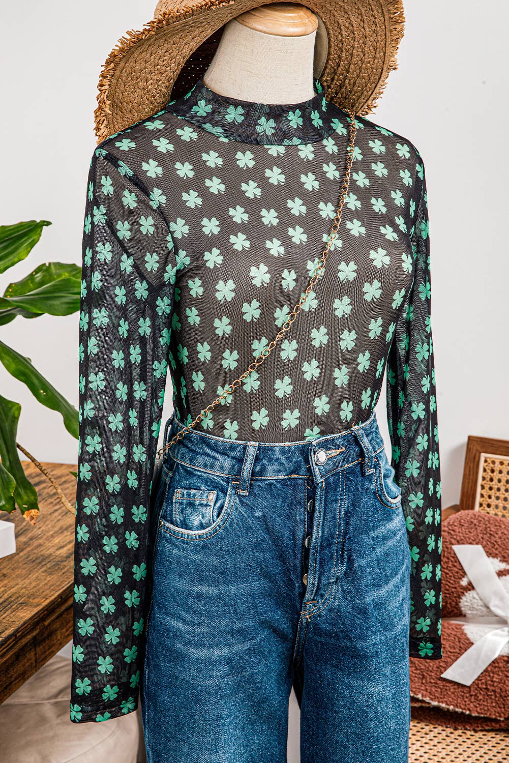 Fashion St Patrick Shamrock Long Sleeve Mesh Bodysuit