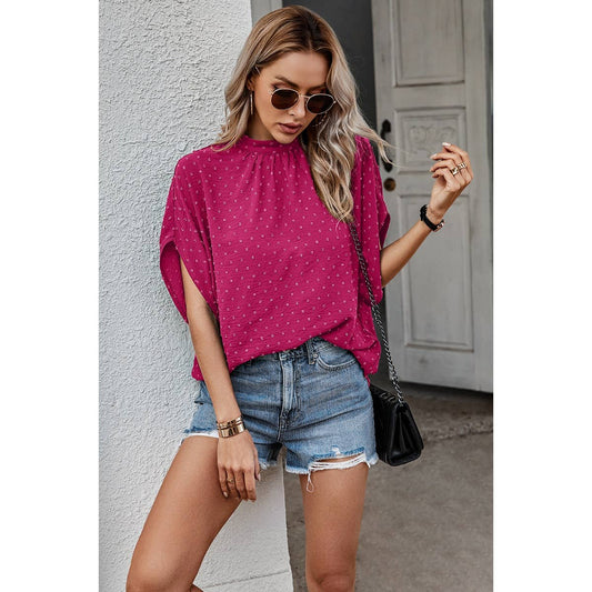 Solid Swiss Dot Mock Neck Drop Shoulder Blouse
