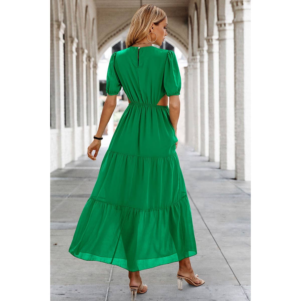 Cut Out Waist Ruffle Hem Puff Sleeves Fit Dress