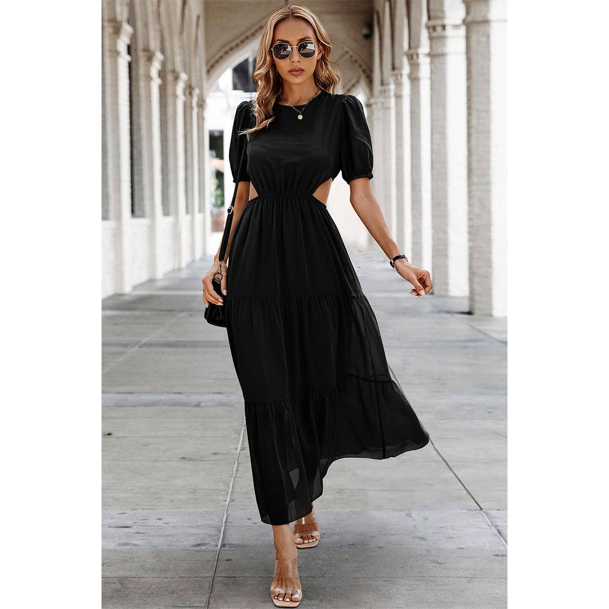 Cut Out Waist Ruffle Hem Puff Sleeves Fit Dress