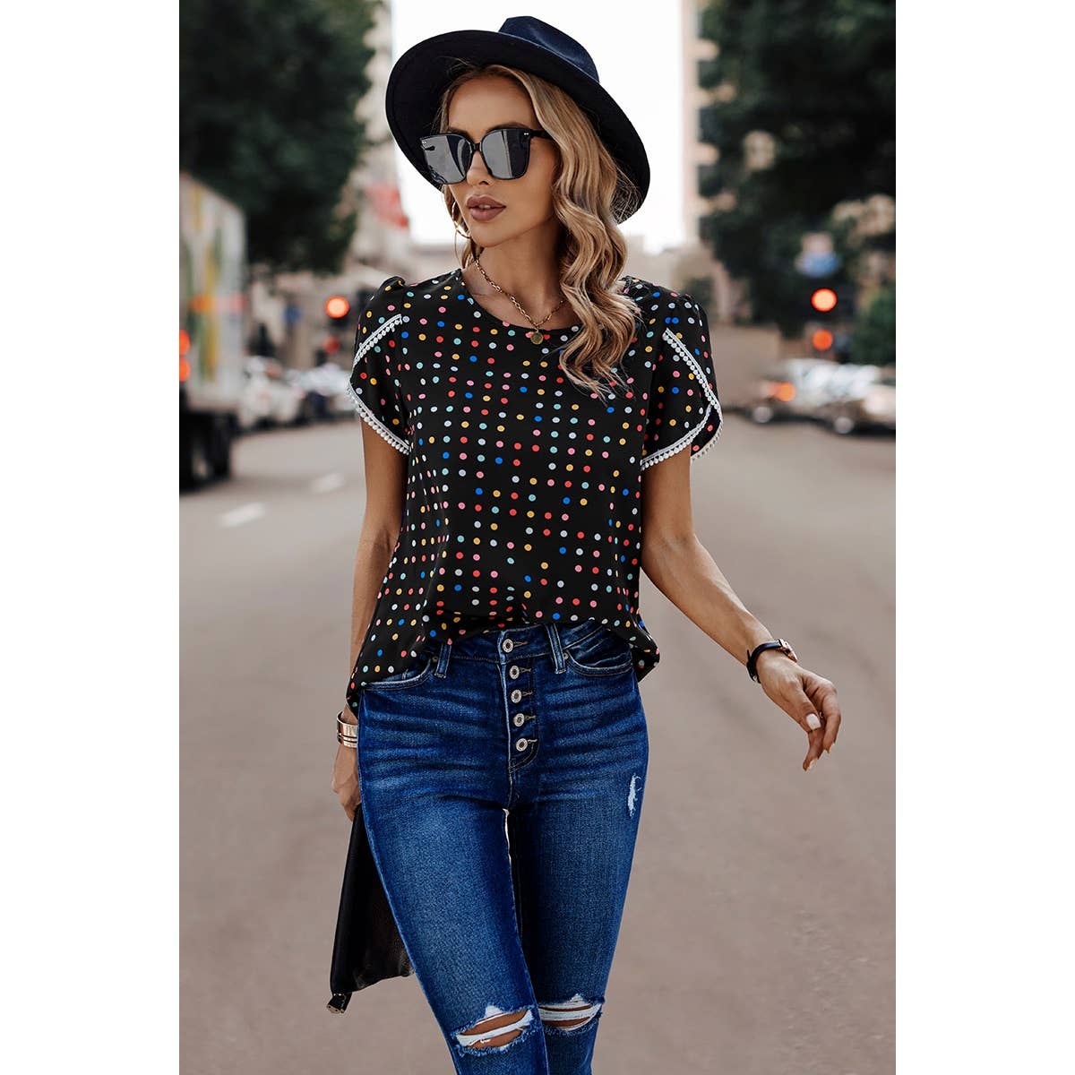 Round Neck Polka Dot Print Petal Sleeve Blouse