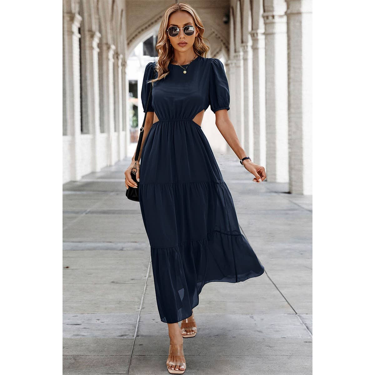 Cut Out Waist Ruffle Hem Puff Sleeves Fit Dress