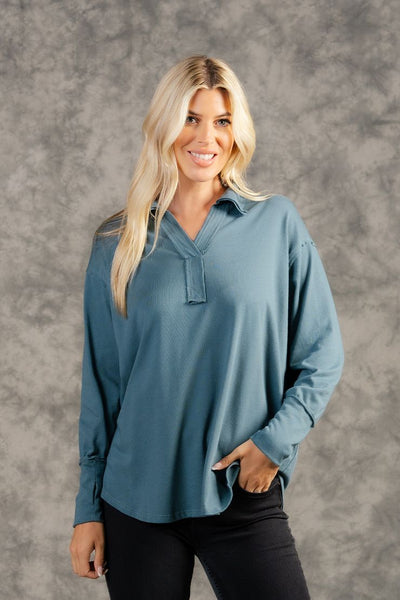 Long Sleeve V-Neck Collar Top in Teal