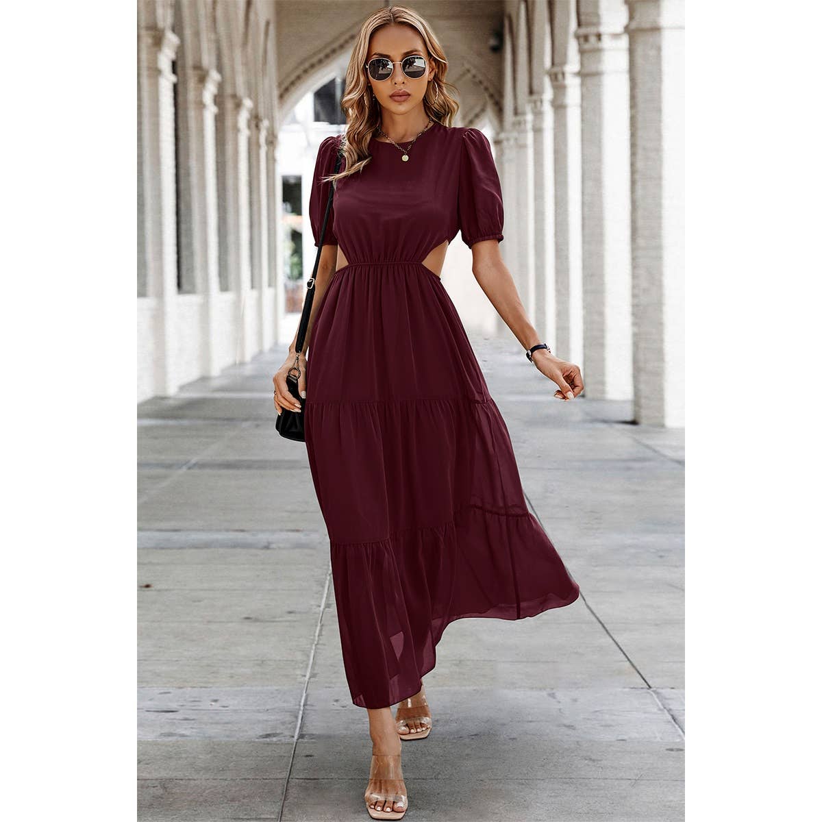 Cut Out Waist Ruffle Hem Puff Sleeves Fit Dress