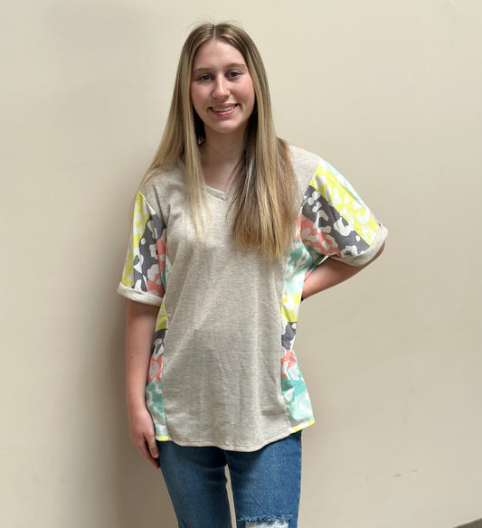 Half Sleeve Solid Ribbed and Animal Top - FINAL SALE