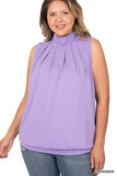 High Neck Pleated Sleeveless Top with Waistband