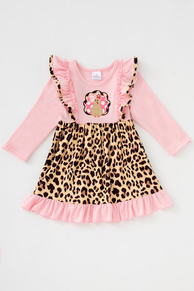 Pink Leopard Turkey Applique Ruffle Dress