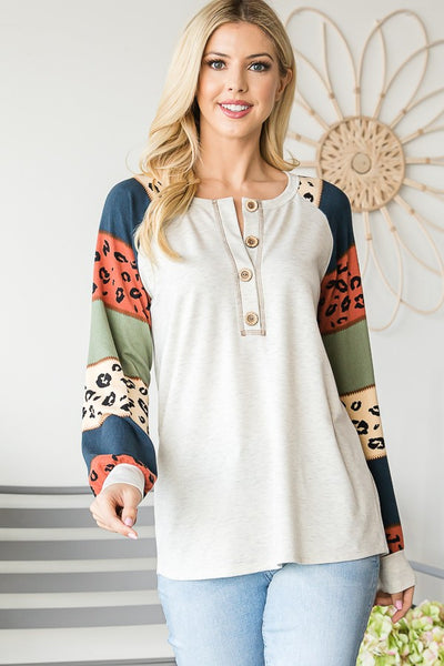 Puff Sleeve Solid and Animal Top with Buttons (Reg & Curvy)