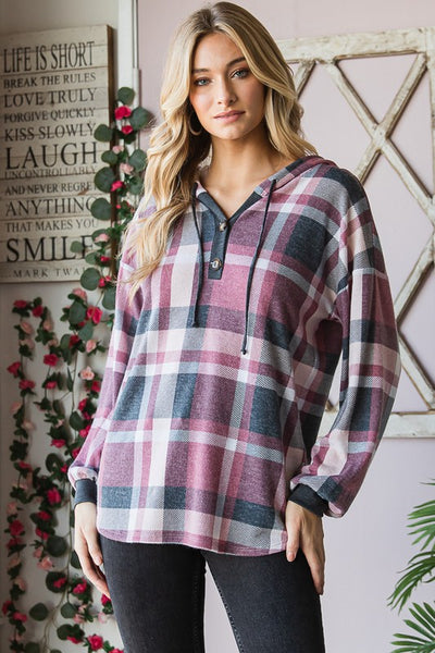 Solid and Plaid Button Hoodie