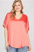 Drop Shoulder V Neck Satin Top (Curvy Only)