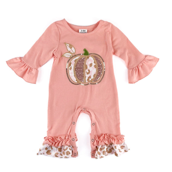 Peach Ruffled Pumpkin Sequin Romper