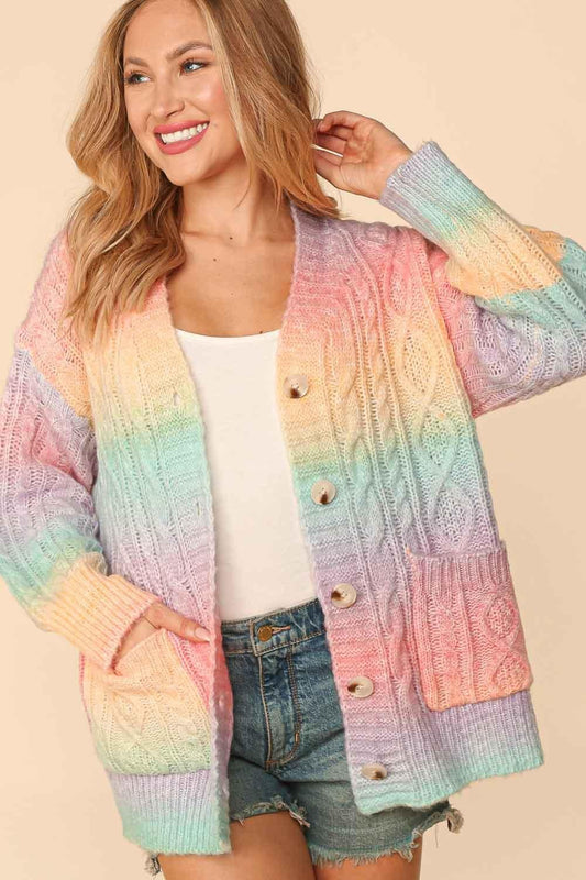 Rainbow Multi Ombre Cable Patterned Cardigan