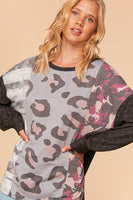 Leopard Camo Color Block Hacci Knit Top (Reg & Curvy)