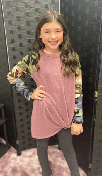 Kids Color Block Knotted Top Featuring Camo Sleeve